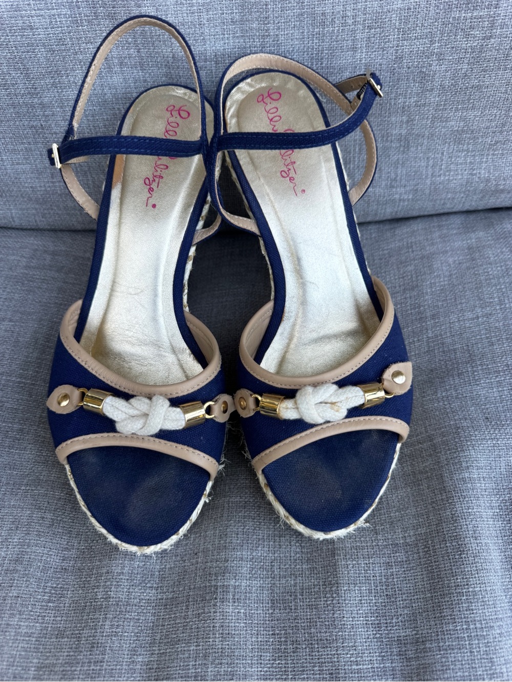 Lilly Pulitzer Navy Woven Straw Espadrille Wedge Sandals Size 8